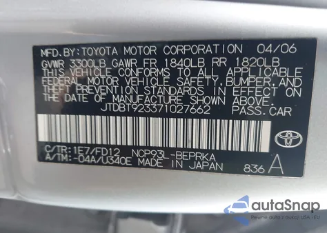 2007 Toyota Yaris from USA, damaged, VIN JTDBT923371027662